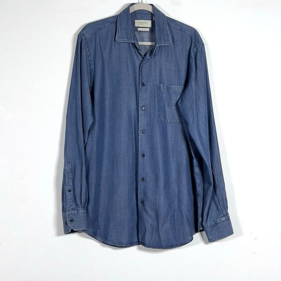 Hagen Carmel CA Chambray Denim Button Up Shirt Mens Sz L Blue Long Sleeve - Picture 1 of 10